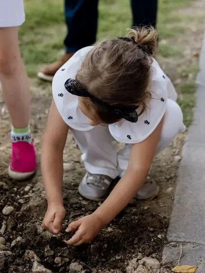 Girl crouching and planting in loose soil, seen from above