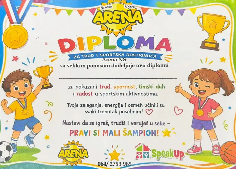Arena NS diploma for effort and sporting achievement, with the Arena and Speak Up logos